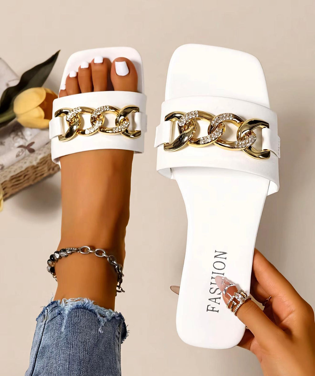 Spring/ Summer Gold And Jeweled Sandals (White)